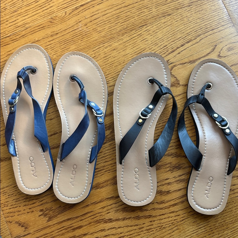 Lot 2 Aldo Black and Blue Leather Thong flip flops  Sandals size 8